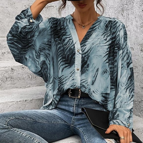 . Tops - Blue Preppy Womens  tiger print button down Shirt